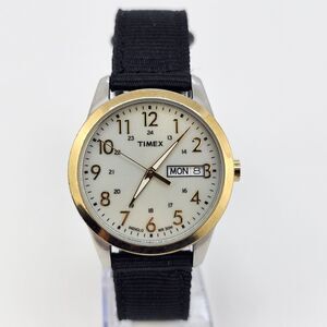 Timex Men's Watch 36MM Gold‎ Dial Day Date New Black Canvas Band Straps